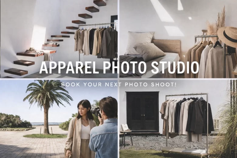 千葉のハウススタジオ「スタジオフィールド」でのアパレル・ファッション撮影事例。コンクリート床と自然光を活かしたスタイリッシュなスチール撮影。