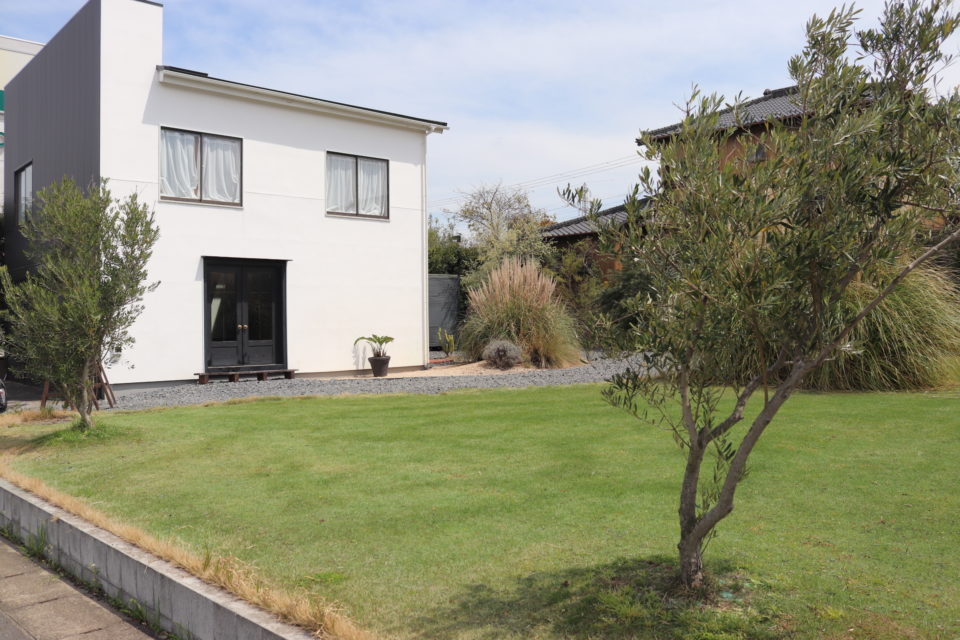 冬でも緑の天然芝が広がる100坪の庭。千葉県木更津市のハウススタジオ「スタジオフィールド」の外観。車乗り入れやペット撮影にも対応した広いガーデン。